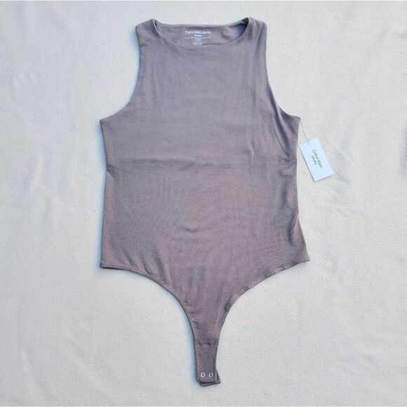 Calvin Klein Ribbed Scuba Bodysuit Dark Beige/Gray - Picture 1 of 11